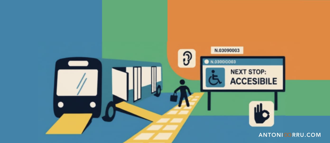 L'immagine mostra un infografica raffigurante un utente che prende un mezzo pubblico guidato dai sistemi assistivi fisici e digitali