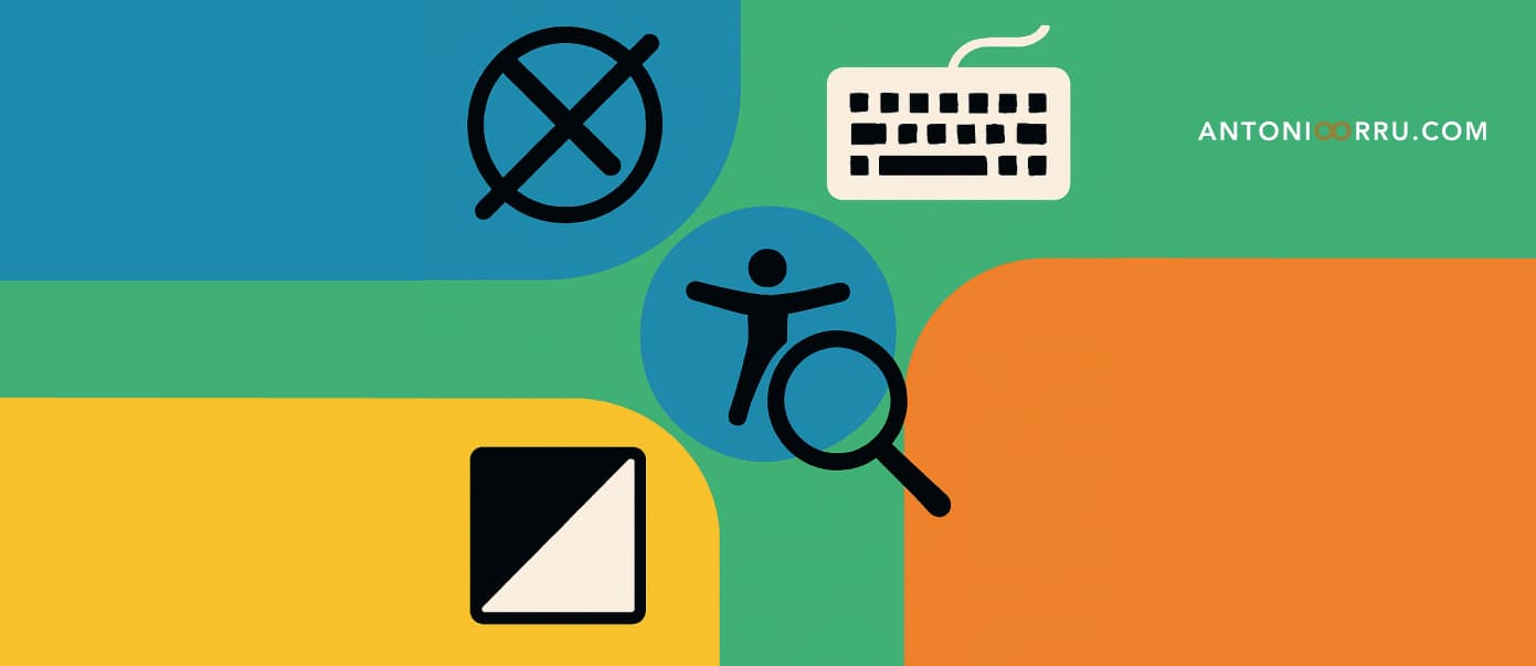 L'infografica mostra una serie di simboli legati all'accessibilità come la tastiera per la navigazione, la lente d'ingrandimento e il color contrast.