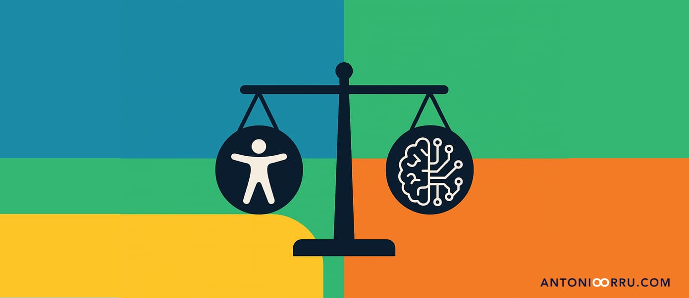 L'immagine a puro scopo illustrativo mostra un infografica indicante una bilancia che pondera l'uso dell'AI rispetto al lato umano