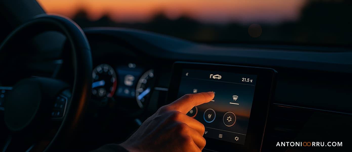 L'immagine mostra un cruscotto di un auto moderno illuminato al crepuscolo, con lo sfondo leggermente sfocato e un riflesso di luce sul display centrale. In primo piano si intravede una mano che sta per sfiorare il touchscreen, con toni caldi (blu, arancio, grigio acciaio). Trasmette la fusione tra fisico e digitale, tecnologia e umanità.